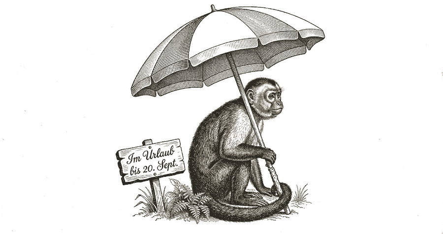 Illustration: Affe unter Sonnenschirm mit Schild — Im Urlaub bis 20. September